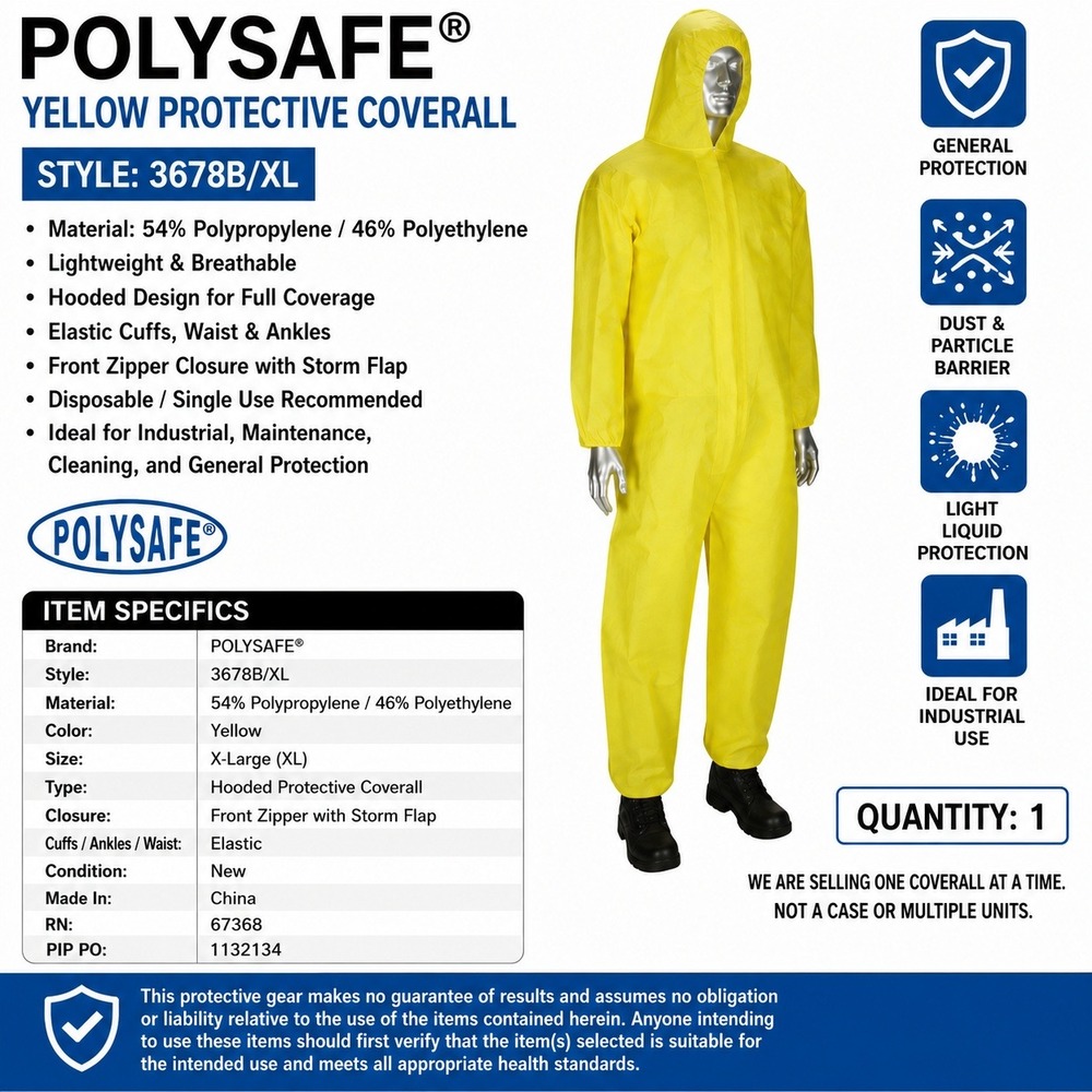 Polysafe Yellow Protective Coverall Hooded Suit XL 3678B/XL Industrial Safety